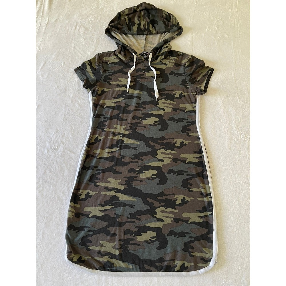 Justify Womens L Camo Hooded Short Sleeve Dress Green Camouflage Sporty